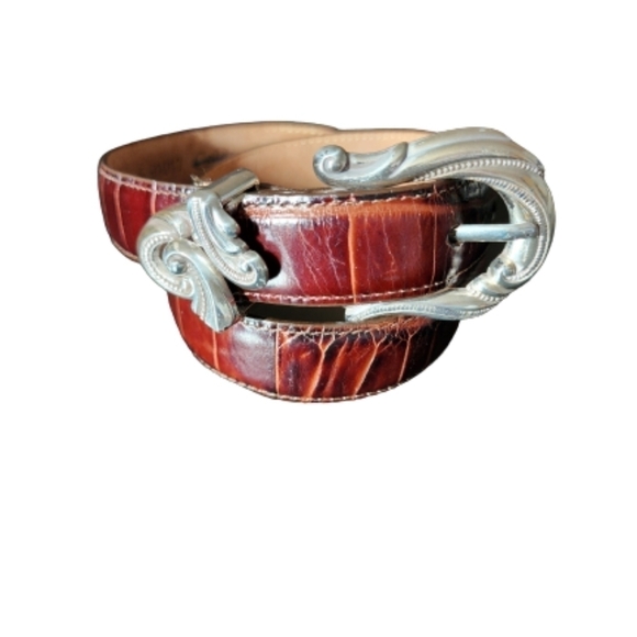 Cold water creek western silver scroll buckle alligator croc print leather belt - Picture 4 of 6